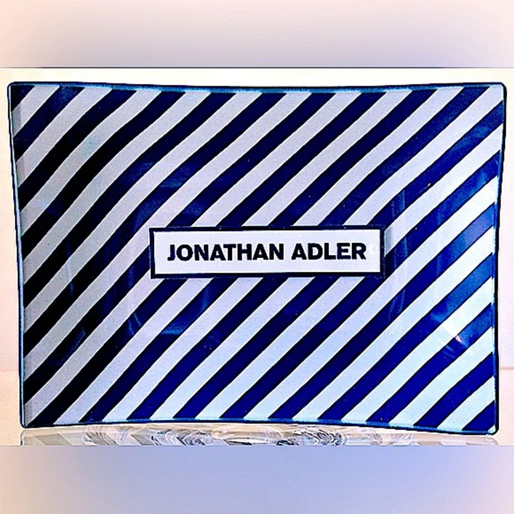 JOHNATHON ADLER GLASS CATCHALL TRAY NAVY STRIPING NIB 6 BY 4